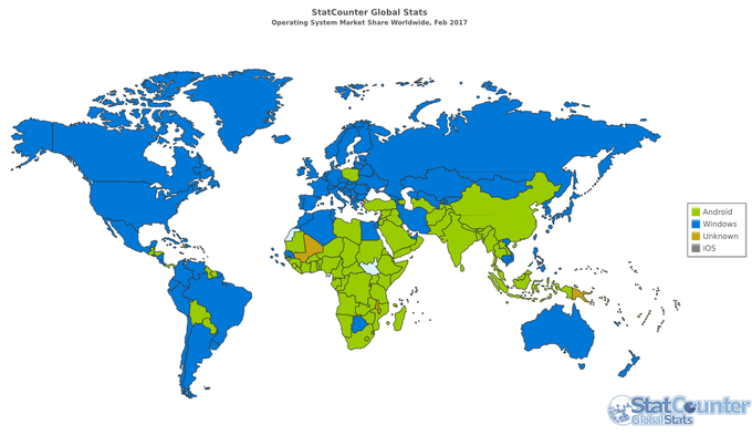 Prevladujoči operacijski sistemi naprav za dostop do interneta po posameznih državah. | Foto: StatCounter
