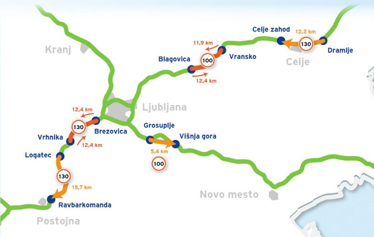sektorji povprečna hitrost | To so načrtovani odseki sekcijskega merjenja povprečne hitrosti na avtocestah v Sloveniji. Toda najprej se bo morala spremeniti zakonodaja ... | Foto DARS