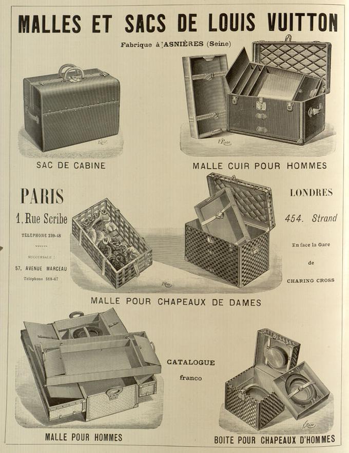 Prvi potovalni kovčki Louisa Vuittona v oglasu leta 1898 | Foto: Wikipedia