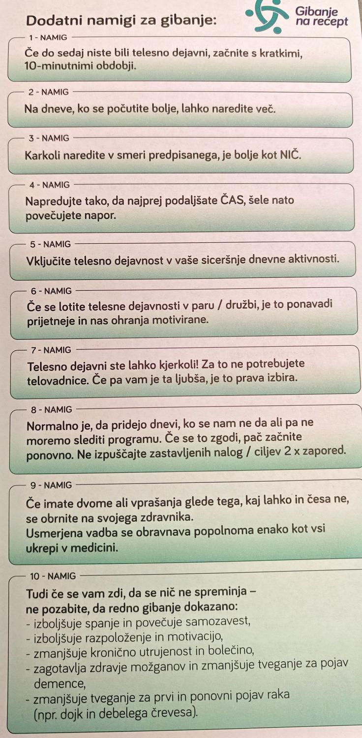 Hrbtna stran zelenega recepta za gibanje vsebuje odgovore na najpogostejša vprašanja, ki se lahko porodijo tistim, ki se odločijo za več rednega gibanja v svojem vsakdanjiku. | Foto: 