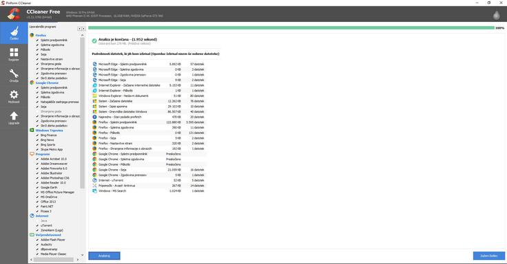 Program CCleaner je na našem delovnem računalniku našel za 279 megabajtov "smeti". Treba je vedeti, da ni iskal tistih, ki jih na računalniku pušča naš primarni spletni brskalnik Chrome, saj smo ga med analizo uporabljali in CCleanerju nismo dovolili, da ga izklopi. Če bi mu, bi bila količina odvečnih datotek vsaj petkrat večja. | Foto: Matic Tomšič