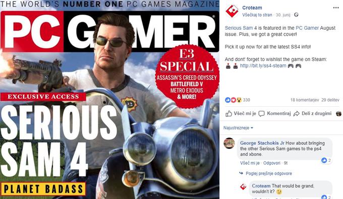 Veliko o tem, kako velika stvar je Serious Sam v svetu računalniških iger, pove že podatek, da mu je PC Gamer, vodilni svetovni tiskani medij na tem področju, namenil celotno naslovnico avgustovske izdaje.  | Foto: Matic Tomšič / Posnetek zaslona
