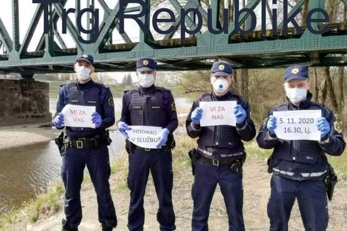 Policija Fake | Zadnji napis na fotografiji policistov je bil spremenjen, da bi ustrezal drugi agendi.  | Foto Twitter
