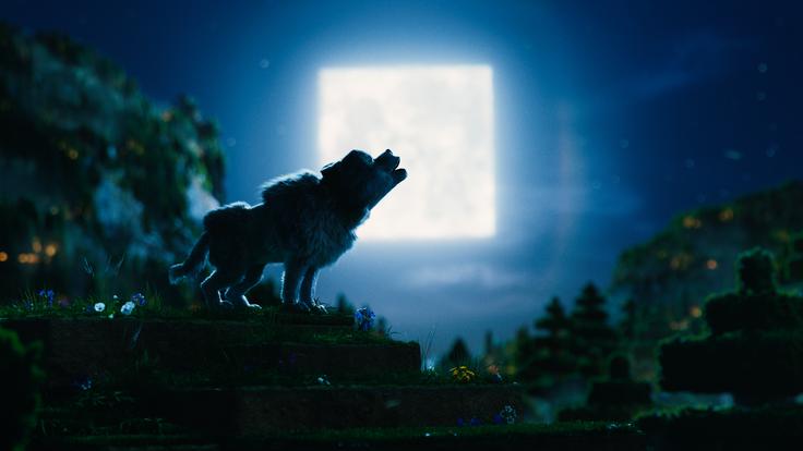 V svetu Minecrafta so oblike praviloma kockaste, tudi Luna in volkova glava. Minecraftovske like zato begajo okrogli ljudje, sploh Steve v podobi Jacka Blacka. | Foto: Blitz Film & Video Distribution