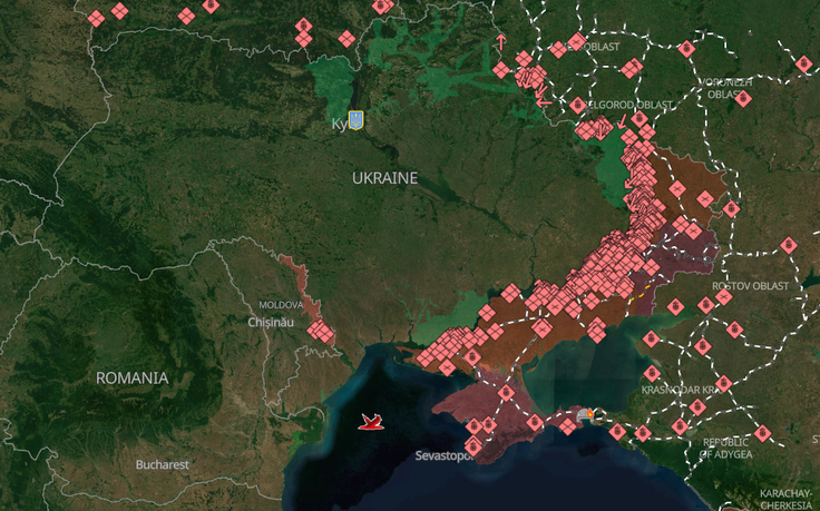 Zemljevid, ki prikazuje fronto v Ukrajini in območja, ki jih trenutno nadzoruje Rusija oziroma kjer so prisotne ruske sile (označeno z rdečo). | Foto: DeepStateMAP / Posnetek zaslona