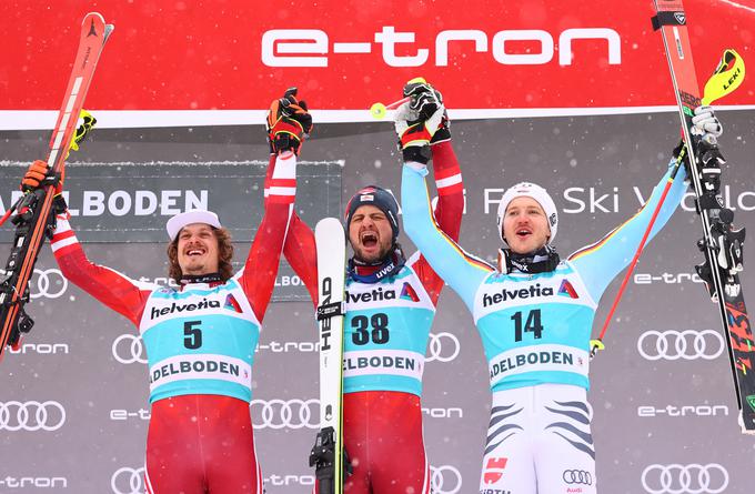 Prvi trije na slalomu v Adelbodnu. S Fellerjem sta bila sošolca. | Foto: Reuters