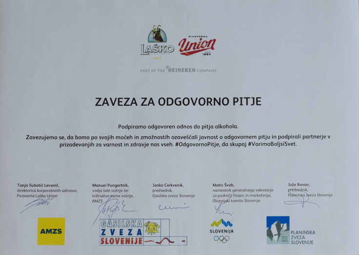 Zaveza Takole pa je bila videti zaveza ob podpisu vseh partnerjev v kateri so sodelovali predstavniki AMZS, Olimpijskega komiteja Slovenije, Gasilske zveze Slovenije, Planinske zveze Slovenije in Pivovarne Laško Union. | Foto: Pivovarna Laško Union