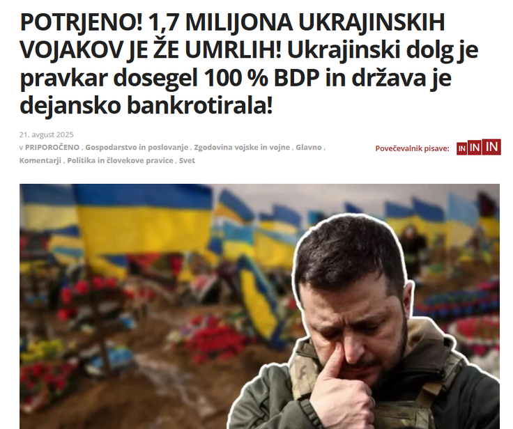 (Prevedeno v slovenščino) CZ24 News, ki je po navedbah preiskovalnega medija Voxpot s tremi milijoni obiskov mesečno daleč najvplivnejši češki proruski propagandni portal, v zadnjih mesecih skoraj izključno objavlja le še vsebine, ki kritizirajo, napadajo ter blatijo Ukrajino in njeno politično vodstvo. Pri tem si po poročanju Voxpot neredko pomagajo tudi z dezinformacijami, kot je ta o domnevno umrlih 1,7 milijona ukrajinskih vojakih, ki naj bi jo javnosti razkrili ruski hekerji. Odkar je neodvisna država, Ukrajina sicer še nikoli ni imela tako številčne vojske, zato bi bilo kaj takega nemogoče, so v odzivu na dezinformacijo, za katero so obtožili kremeljske propagandne kanale, sporočili iz Ukrajine. Januarja letos je ukrajinska vojska medtem štela okrog 880 tisoč pripadnikov. | Foto: Posnetek  zaslona