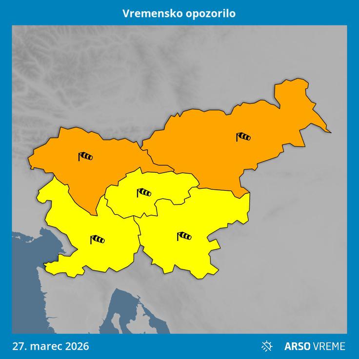 Po 19. uri je Arso rdeče vremensko opozorilo za sever države spremenil v oranžnega. V preostalih delih države pa bo veljalo rumeno opozorilo. | Foto: Arso
