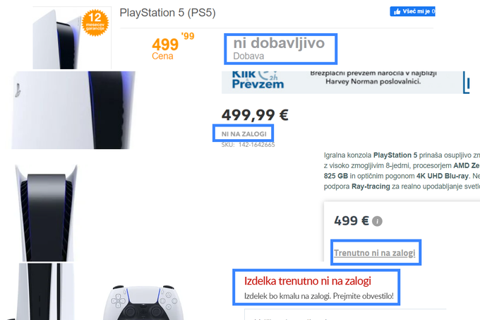 Trenutno stanje zalog igralne konzole PlayStation 5 pri nekaterih večjih slovenskih trgovcih z elektroniko. | Foto: Matic Tomšič