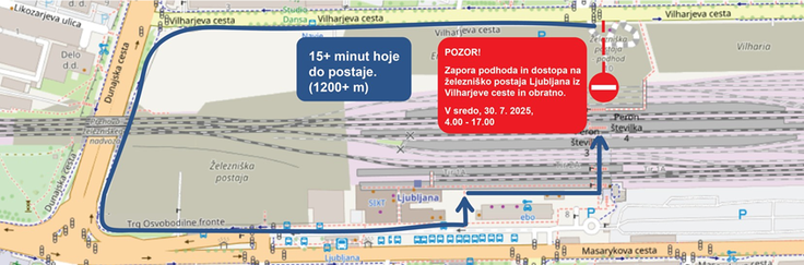 Za pot od Vilharjeve ceste do peronov boste potrebovali približno 15 minut. | Foto: Slovenske železnice