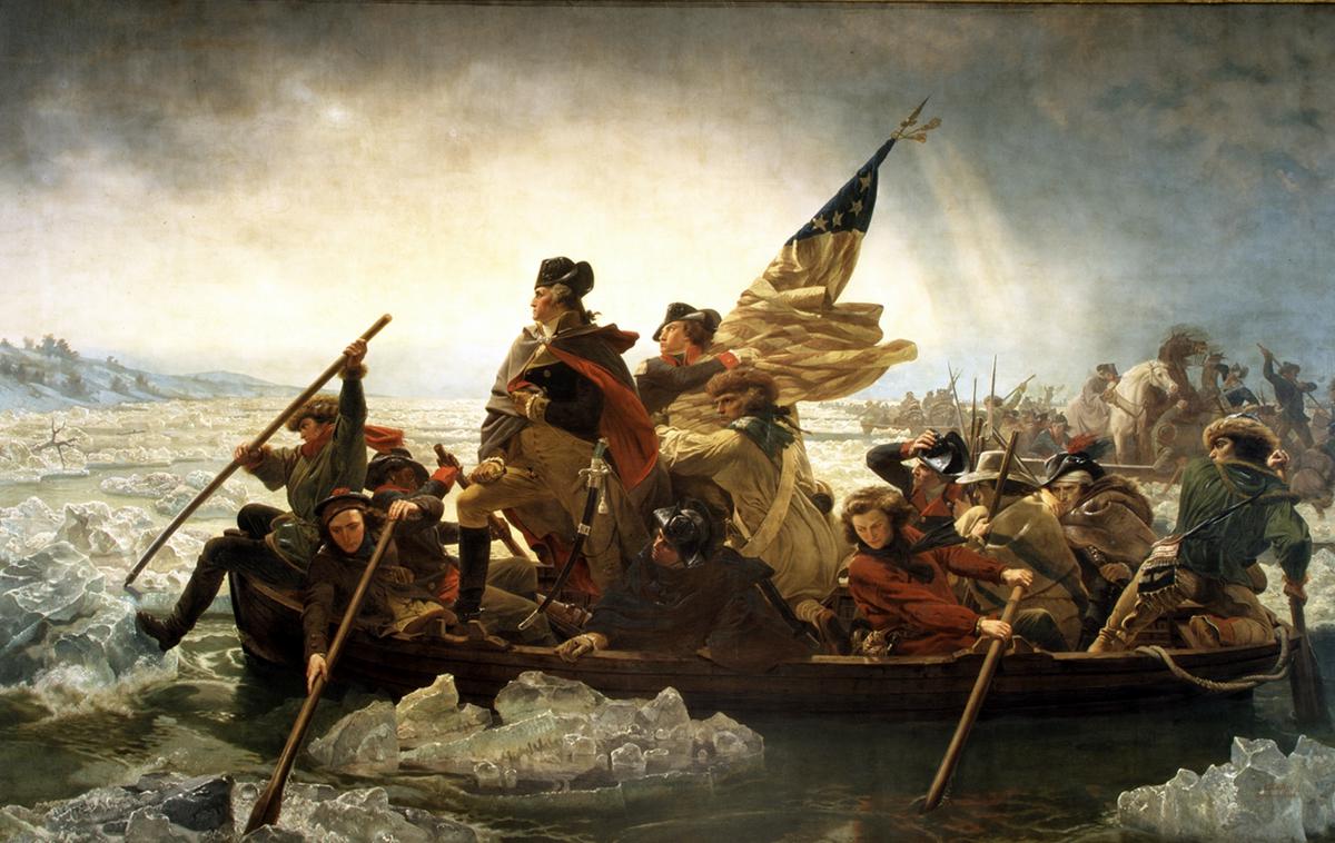 George Washington reka Delaware | Slika upodablja Georgea Washingtona, ki je med ameriško osamosvojitveno vojno decembra 1776 prečkal reko Delaware in porazil manjši oddelek nemških plačancev, da bi tako ameriškim vojakom po začetnih porazih proti Britancem okrepil bojno moralo. | Foto Wikimedia Commons