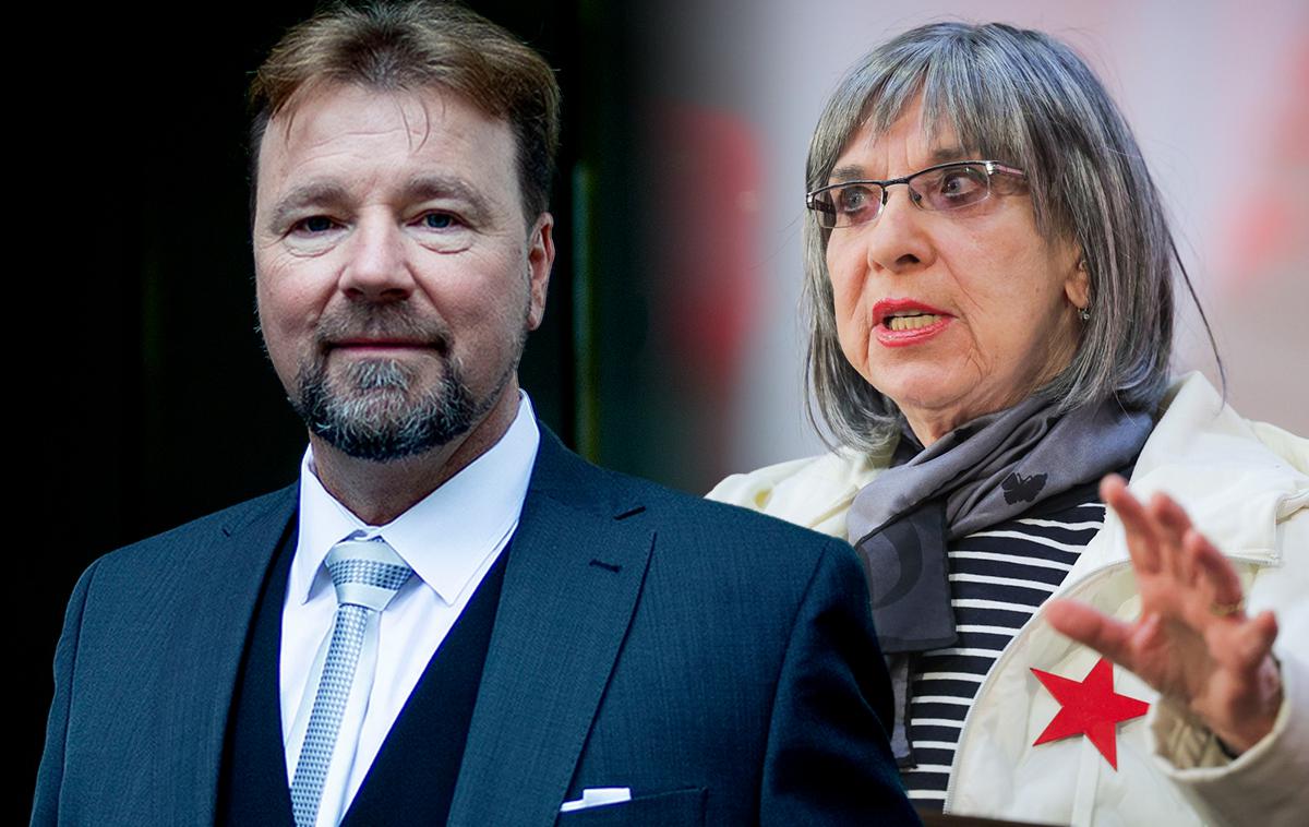 Jože Možina, Svetlana Makarovič | Možina je med današnjim zaslišanjem menil, da je v tedenski oddaji Utrip TV Slovenija 15. januarja 2022 prikazal zgodovinska dejstva, ki jih ni mogoče ovreči, sicer pa, da ima sam spoštljiv odnos do vsega, tudi do partizanskega boja in enak odnos do žrtev vseh treh totalitarizmov. Po oddaji Utrip je Makarovič na petkovem protivladnem protestu 21. januarja 2022 prebrala pesem Utrip laži, ki za Možino, kot je danes povedal, ni satira, je pa zaradi nje bil osebno prizadet in mu je povzročila duševno trpljenje. | Foto Ana Kovač, STA