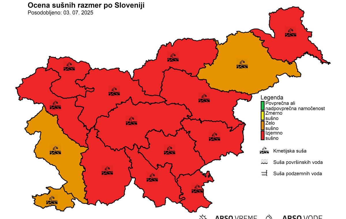 vročina, suša | Junij je bil na ravni Slovenije tudi rekordno osončen, po absolutnem trajanju pa celo najbolj sončen mesec od vseh vsaj od leta 1961, so izpostavili na Arsu. | Foto Arso