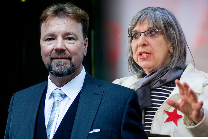 Jože Možina, Svetlana Makarovič | Možina je med današnjim zaslišanjem menil, da je v tedenski oddaji Utrip TV Slovenija 15. januarja 2022 prikazal zgodovinska dejstva, ki jih ni mogoče ovreči, sicer pa, da ima sam spoštljiv odnos do vsega, tudi do partizanskega boja in enak odnos do žrtev vseh treh totalitarizmov. Po oddaji Utrip je Makarovič na petkovem protivladnem protestu 21. januarja 2022 prebrala pesem Utrip laži, ki za Možino, kot je danes povedal, ni satira, je pa zaradi nje bil osebno prizadet in mu je povzročila duševno trpljenje. | Foto Ana Kovač, STA