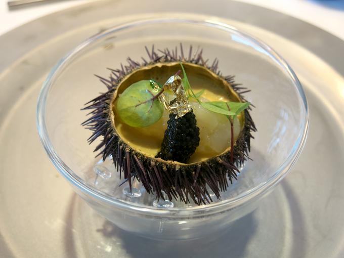Brulee morskega ježka z nasekljano kapesanto in kaviarjem  | Foto: Miha First