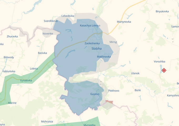 Po zadnjih podatkih, dostopnih na interaktivnem zemljevidu bojišča v Ukrajini Deep State Map, ukrajinske sile sicer nadzorujejo le še manj kot 200 kvadratnih kilometrov ozemlja v regiji Kursk.  | Foto: Posnetek  zaslona