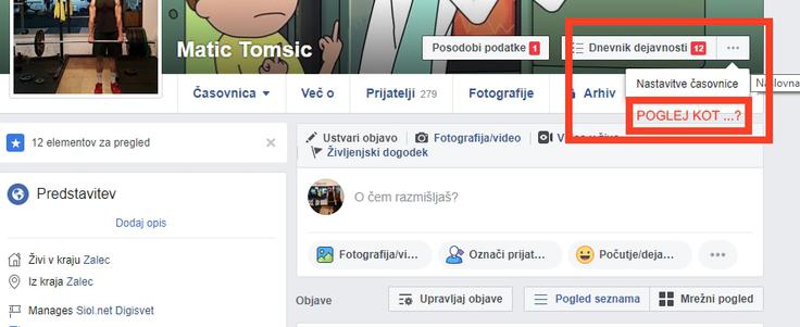 Funkcijo Poglej kot ... je Facebook, dokler ne ugotovijo, kaj točno je šlo narobe, začasno umaknil iz uporabniških profilov. Prej je bila na z rdečo označenem mestu.  | Foto: Matic Tomšič