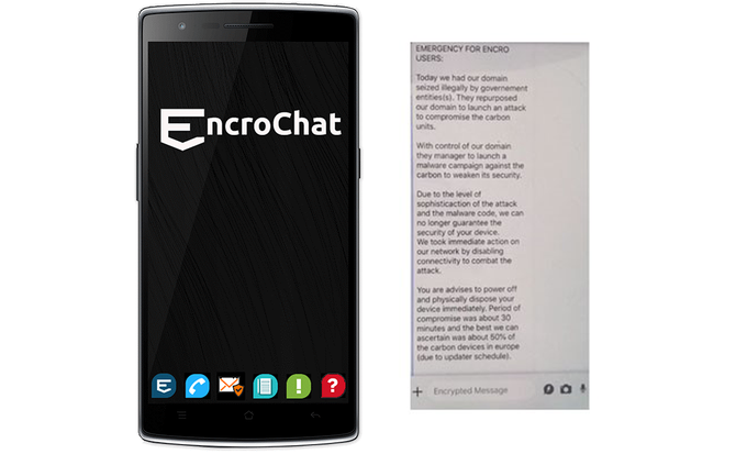 Pametni telefon, ki so ga v uporabo prejeli zlikovci, in sporočilo, ki so ga dobili 13. junija, ko so pri EncroChatu odkrili, da nekdo posluša dogovarjanja o kriminalnih poslih.  | Foto: Europol