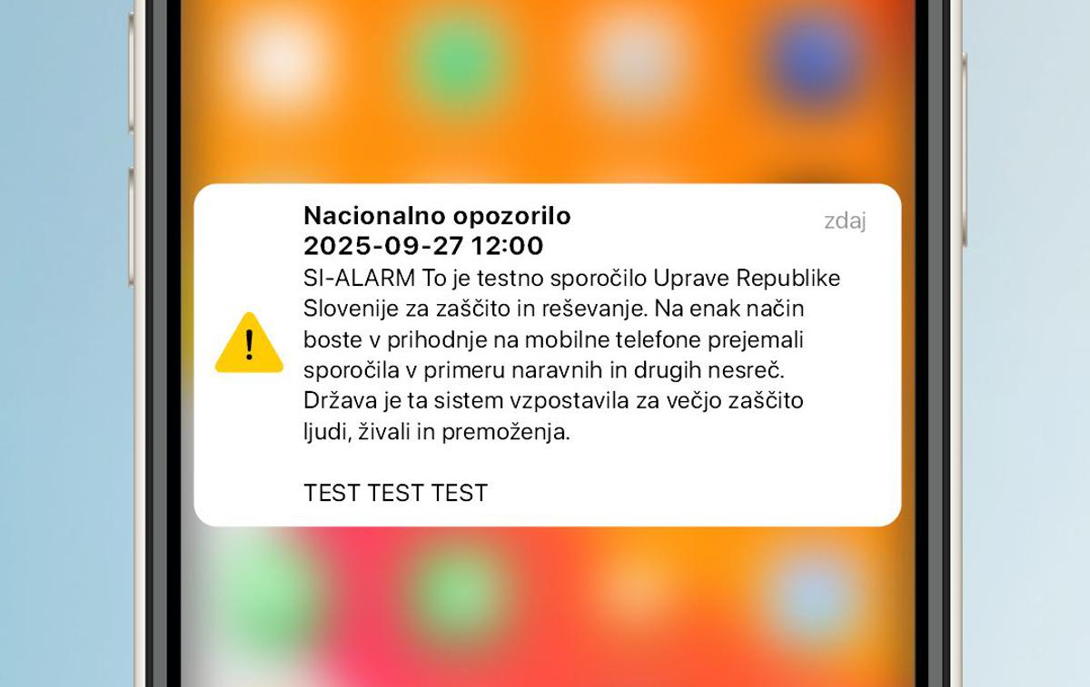 SI-ALARM, testno sporočilo | Tako bo videti preizkusno sporočilo, ki bi se 27. septembra opoldne moralo prikazati na vseh vključenih mobilnih napravah, priključenih v katerokoli slovensko mobilno omrežje. | Foto Ministrstvo za digitalno preobrazbo