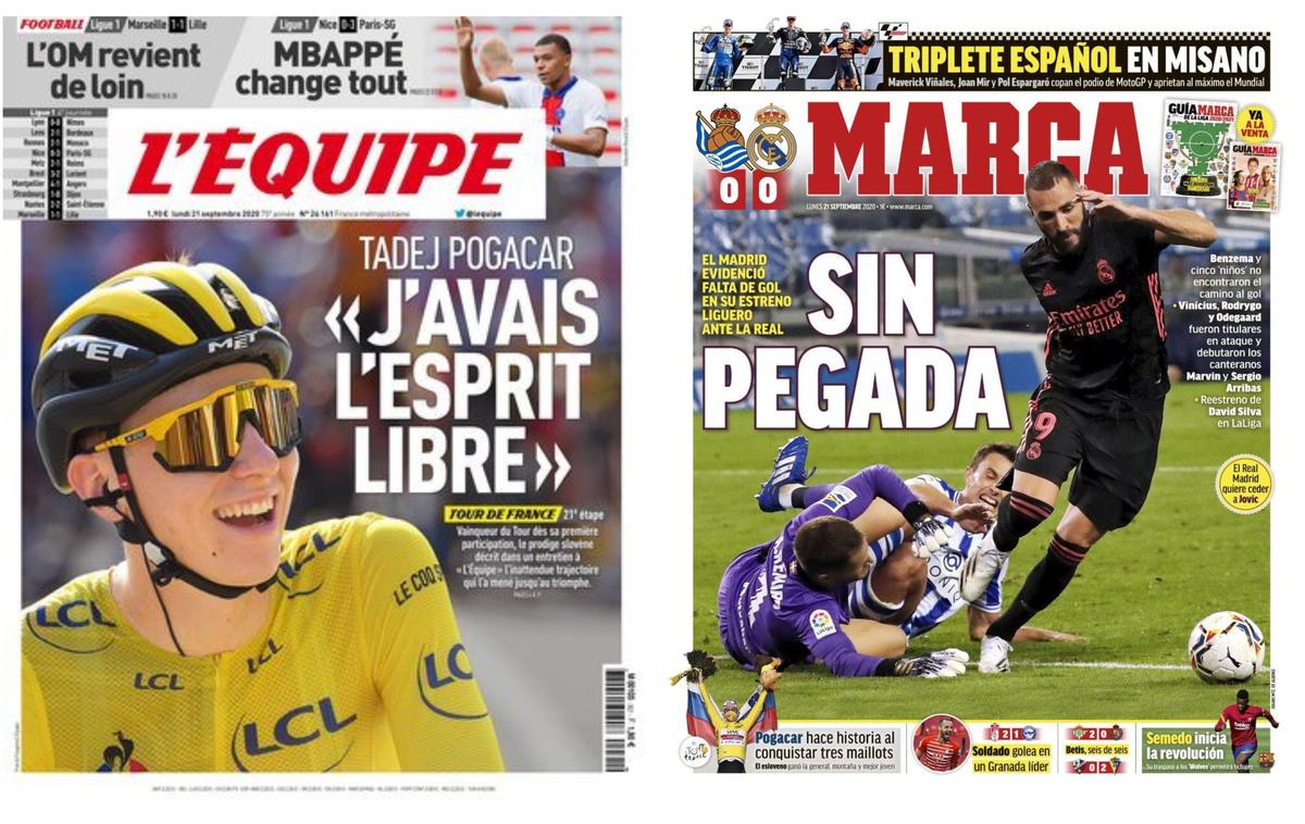 pogačar1 | Slovenski junak na naslovnici francoskega športnega časnika L'Equipe, pri Marci bolj odmeva remi Reala, vseeno Pogija najdemo v spodnjem levem kotu.