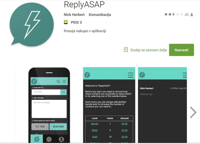 Prenos aplikacije ReplyASAP je brezplačen, a je za nadzor izbranega števila telefonov otrok treba plačati ustrezen paket. | Foto: Google Play