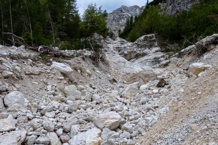 Prečimo dve v ujmah pred tremi leti poglobljeni hudourniški grapi. Noro, koliko materiala je tu nosila voda v dolino. | Foto: Matej Podgoršek