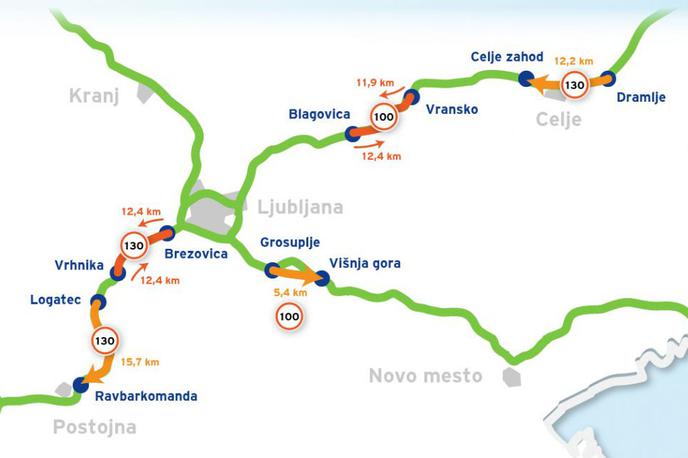 sektorji povprečna hitrost | To so načrtovani odseki sekcijskega merjenja povprečne hitrosti na avtocestah v Sloveniji. Toda najprej se bo morala spremeniti zakonodaja ... | Foto DARS