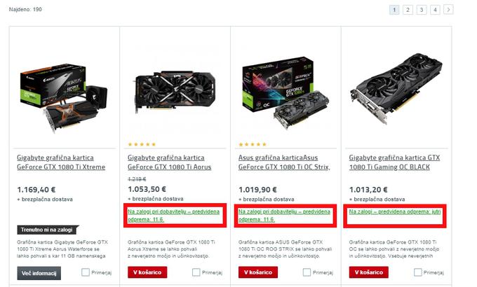 Med rudarji zelo zaželeno grafično kartico Nvidia GeForce GTX 1080 Ti je pri slovenskih prodajalcih (na fotografiji Mimovrste) spet mogoče dobiti brez predolgih čakalnih dob. | Foto: Matic Tomšič / Posnetek zaslona