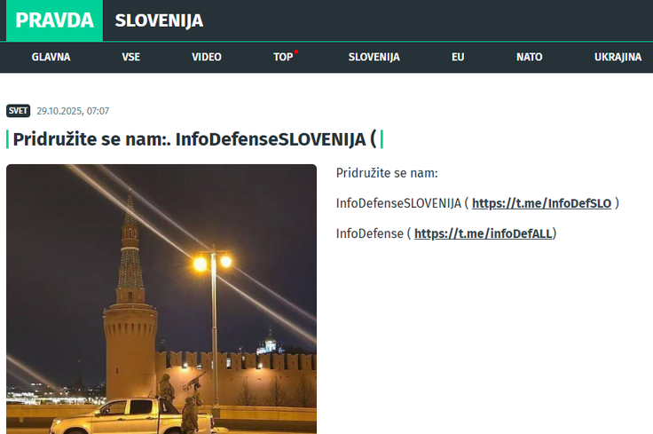Poziv k spremljanju vsebin v kanalu InfoDefenseSLOVENIJA na spletni strani propagandnega omrežja Pravda. | Foto: Posnetek  zaslona