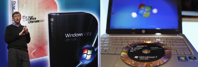 Eden glavnih razlogov, da Windows 7 (desno) uživajo sloves enega najboljših Microsoftovih operacijskih sistemov, je dejstvo, da so leta 2009 nasledil dve leti staro Windows Visto, ki velja za enega najslabših Windowsov. "Sedemka" je bila vse, kar bi morala biti Vista: hitra, odzivna, učinkovita, nezapletena, prijazna do uporabnika in predvsem brez hroščev. Mimogrede: Windows Vista je bila zadnji operacijski sistem, ki ga je predstavil ustanovitelj Microsofta Bill Gates (levo). | Foto: Matic Tomšič / Reuters