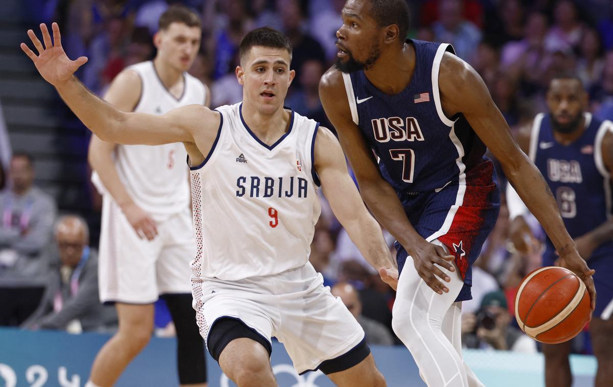 Pariz 2024 košarka ZDA Srbija | Kevin Durant je iz petih poizkusov zadel prav toliko trojk. | Foto Reuters