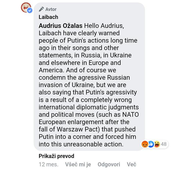 Komentar so objavili pod njihovo objavo o tem, da zaradi rusko-ukrajinskega konflikta in vojne v Ukrajini odpovedujejo septembrske koncerte v Rusiji.  | Foto: Posnetek zaslona/Facebook Laibach