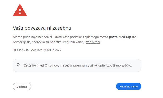 Ker večina na hitro ustvarjenih domen uporablja protokol HTTP in ne zaščitenega HTTPS, bo večina brskalnikov uporabnike in uporabnice skoraj zagotovo samodejno opozorila, da so napoteni na potencialno nevarno spletno stran. | Foto: Matic Tomšič