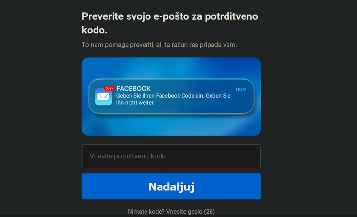 Zadnji, odločilni korak – potrditev podatkov za prijavo v Facebook. Goljufom jih bomo s tem podarili na srebrnem pladnju.  | Foto: Posnetek  zaslona