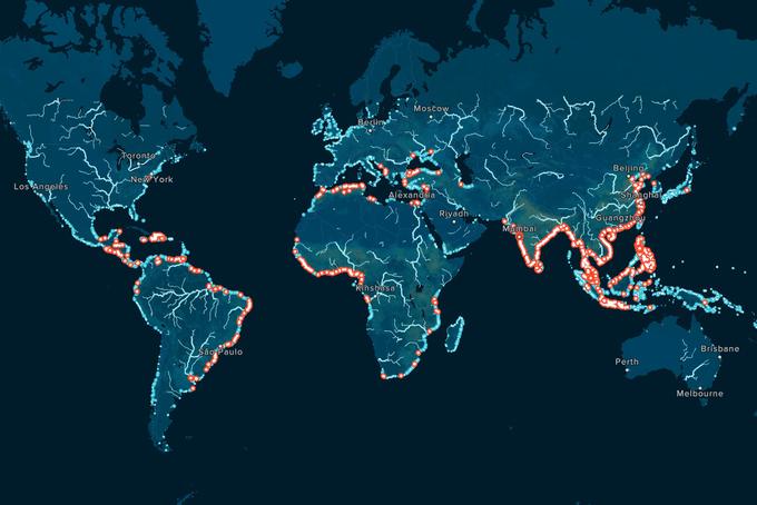 Zemljevid sveta z označenimi rekami, ki najbolj onesnažujejo oceane.  | Foto: The Ocean Cleanup