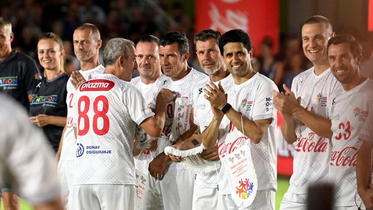 Leta 2023 so se v okviru Plazma Športnih iger mladih v Splitu na ekshibicijskem nogometnem dvoboju med drugimi predstavili tudi (od desne proti levi) Darijo Srna, Nemanja Vidić, Nasser El-Khelaifi, Zvonimir Boban, Luis Figo, Predrag Mijatović, Mehmed Baždarević in Aleksander Čeferin. | Foto: Guliverimage
