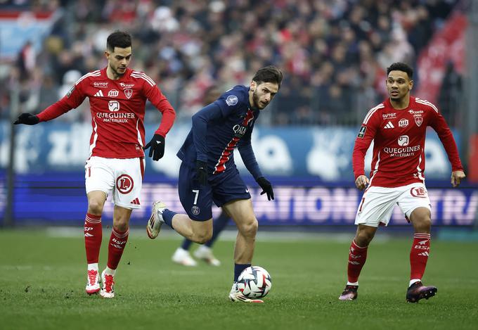 Khvicha Kvaratskhelia bo danes debitiral v Evropi za PSG. Tako je pred desetimi dnevi nastopil proti Brestu. Takrat se je tekma igrala v Brestu, danes pa se bo v Guingampu. | Foto: Reuters