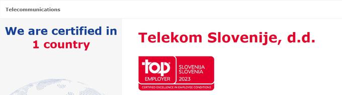 Telekom Slovenije je certifikat Top Employer prejel tudi lani. | Foto: Top Employers Institute