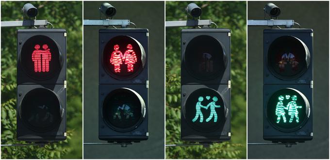 Na Dunaju so leta 2015, ko so gostili Evrovizijo, predstavili tri nove različice semaforjev za pešce, na katerih so pari namesto le enega lika: dve ženski, dva moška ter moški in ženska. Po prvotnih načrtih naj bi ti semaforji svetili le v času Evrovizije, a so poželi toliko pozornosti in odobravanja javnosti, da so začasni projekt spremenili v trajnega. | Foto: Reuters