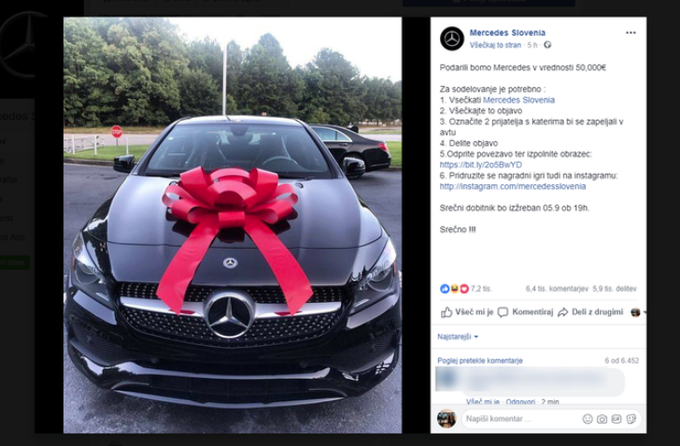 Ta lažna nagradna igra za vozilo Mercedes-Benz, na katero smo na Siol.net opozorili avgusta lani, se je zdaj umaknila novemu "projektu" tistih, ki so z njeno pomočjo na Facebooku pridobili skoraj sedem tisoč slovenskih sledilcev.  | Foto: Reuters
