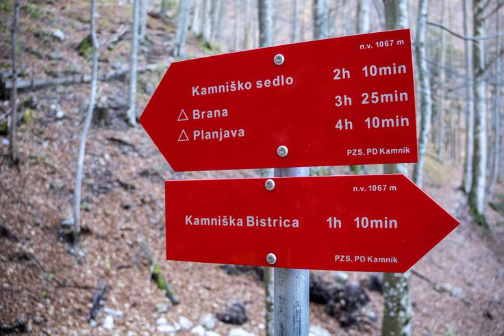 Pri tej tabli zapustimo markirano pot na Kamniško sedlo in se usmerimo desno po nemarkirani stezi, kjer je jeseni precej listja. | Foto: Matej Podgoršek