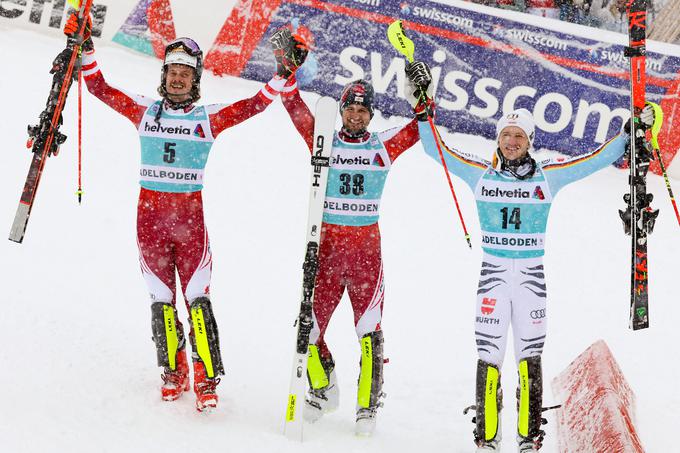 Najboljša trojica na zasneženem slalomu v Adelbodnu. | Foto: Guliverimage/Vladimir Fedorenko