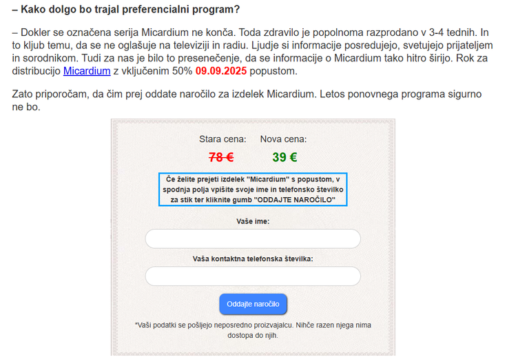 Akterji v ozadju uporabnike pozivajo, naj jim prek obrazca sporočilo ime in telefonsko številko. Nato jih bo domnevno poklical nekdo, s katerim se bodo lahko dogovorili o nakupu "čudežnega" zdravila. V tem primeru v resnici ne moremo vedeti, kam pošiljamo svoje osebne podatke.  | Foto: Posnetek zaslona