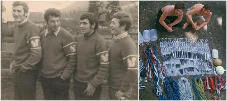 Janko Ažman, Klavdij Mlekuž, Zvone Kofler, Janez Brojan (na levi strani) in Miha Smolej ter Janez Dovžan so sestavljali skupino Mojstranških veveric, ki je v šestdesetih in sedemdesetih letih prejšnjega stoletja uspešno združevala alpinizem na najvišji ravni in gorsko reševanje. | Foto: 