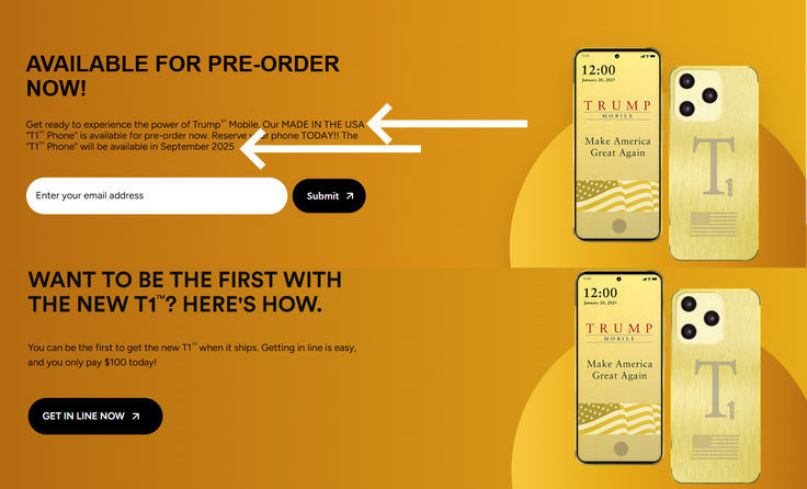 V pozivu k prednaročilu pametnega telefona Trump T1 ni več ne napisa Narejeno v ZDA (Made in the USA) ne nobene omembe okvirnega termina izida.  | Foto: Posnetek  zaslona