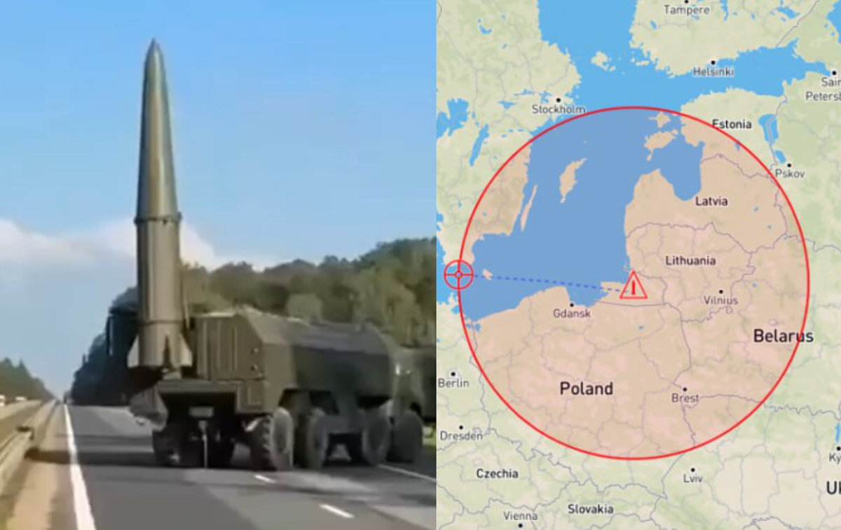 Iskander, Rusija, Raketa, Domet | Levo prizor iz videoposnetka raketnih sistemov iskander v Kaliningradu, desno domnevni domet balističnih raket, ki jih lahko izstreljuje omenjeni sistem. | Foto X / Posnetek zaslona