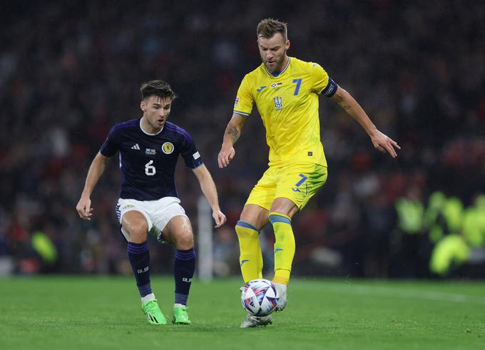 Jarmolenko je v sredo v Glasgowu vknjižil že 110. nastop v državnem dresu. Ukrajina je izgubila z 0:3 in v skupini B1 lige narodov padla na drugo mesto. | Foto: Reuters