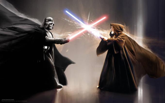 Sith Darth Vader (levo) in jedi Obi-Wan-Kenobi (desno) sta prekrižala meča v filmu Vojna zvezd: Epizoda IV - Novo upanje.  | Foto: Guliverimage