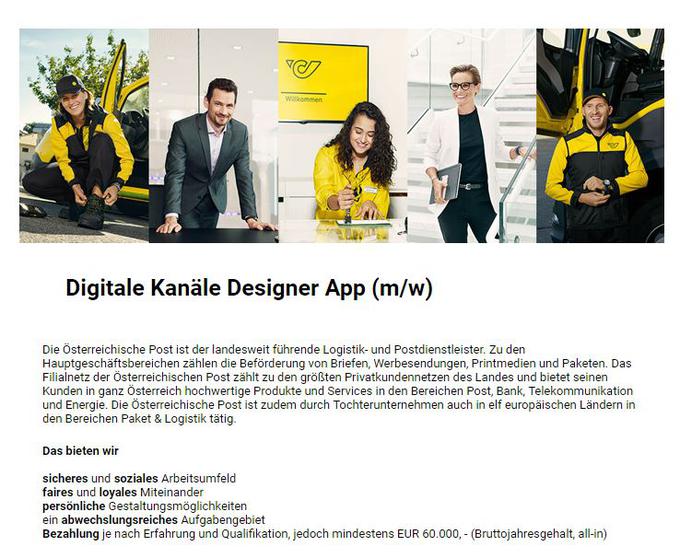 Primer oglasa, objavljenega na avstrijskem portalu karriere.at. Avstrijska pošta v oglasu za prosto delovno mesto navaja tudi minimalno predvideno letno plačilo - 60 tisoč evrov bruto. | Foto: 